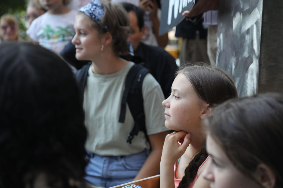 Swedish environmental activist Greta Thunberg participates in a Youth Climate Strike outside the United Nations, Friday, Aug. 30, 2019. Thunberg is scheduled to address the United Nations Climate Action Summit on September 23. (AP Photo/Bebeto Matthews)