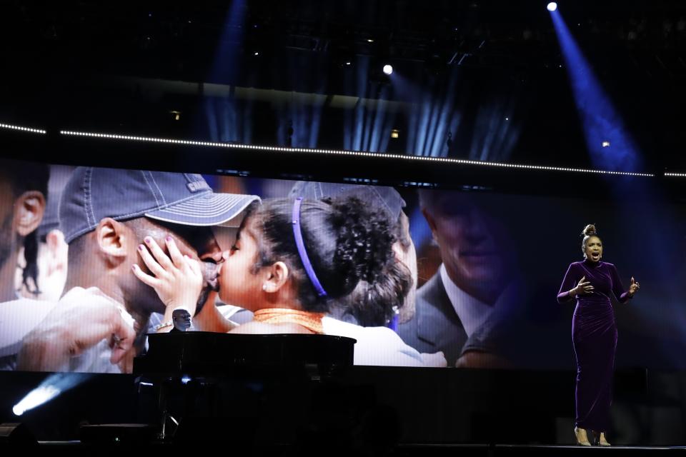 Jennifer Hudson sings a tribute to former NBA All-Star Kobe Bryant and his daughter Gianna who were killed in a helicopter crash on Jan. 26, 2020, before the NBA All-Star basketball game Sunday, Feb. 16, 2020, in Chicago. (AP Photo/Nam Huh)