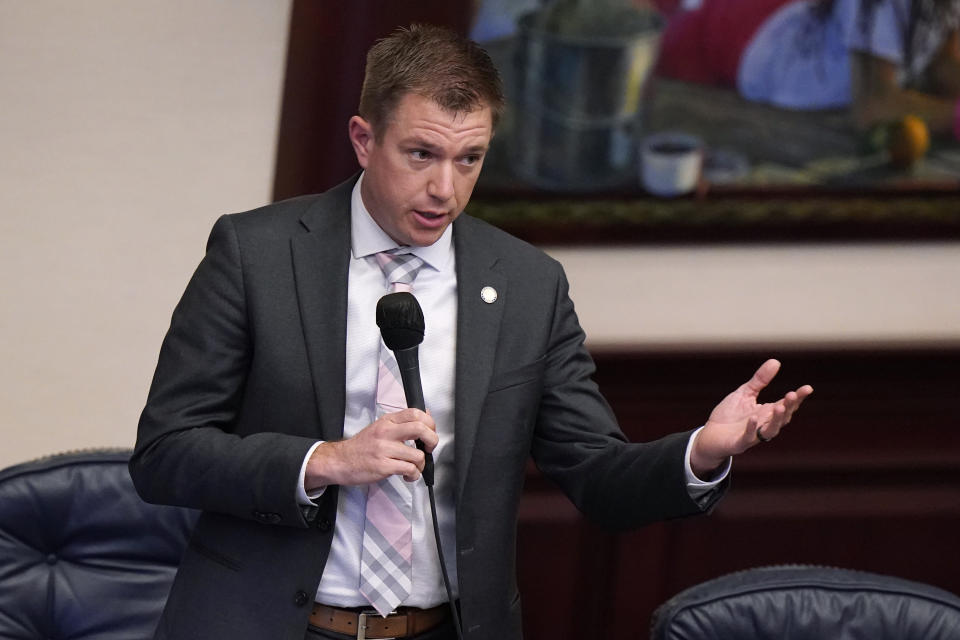 Florida Rep. Andrew Learned asks a question during a legislative session, Wednesday, April 28, 2021, at the Capitol in Tallahassee, Fla. (AP Photo/Wilfredo Lee)