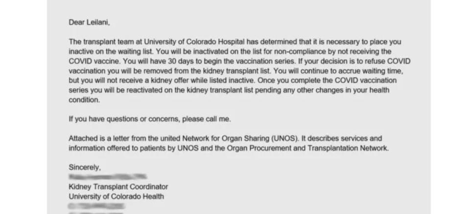A letter from UCHealth which says they are &#x00201c;non-compliant by not receiving the COVID-19 vaccine