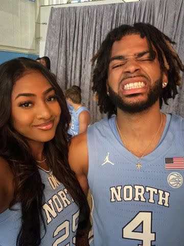 <p>Deja Kelly/TikTok</p> RJ Davis and Deja Kelly in their UNC basketball uniforms