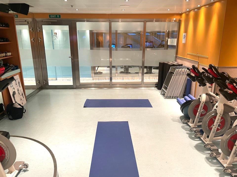 An empty fitness studio with a mat for the author and a mat for the instructor.