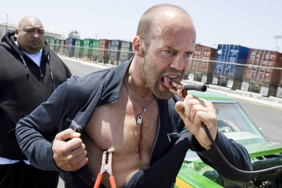 Jason Statham attaches jumper cables to his tongue and nipple to recharge his electric heart