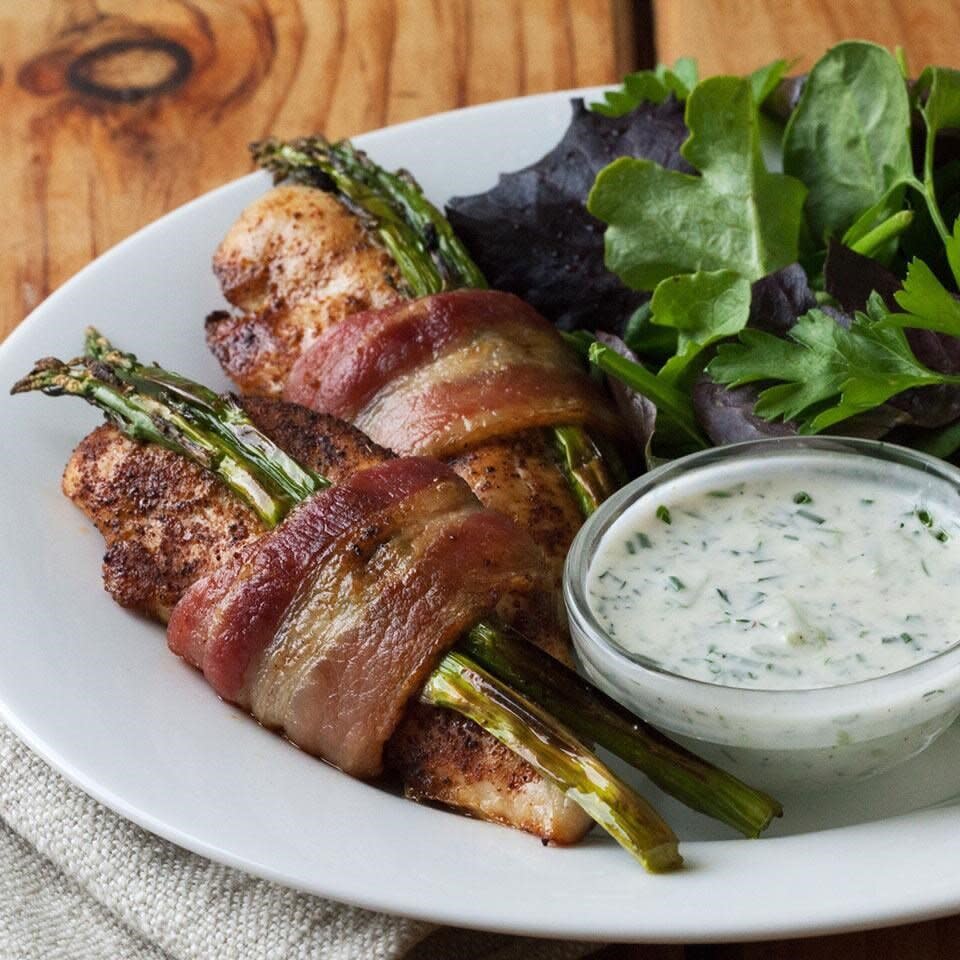 Bacon-Wrapped Chicken Tenders with Cucumber-Ranch Dressing