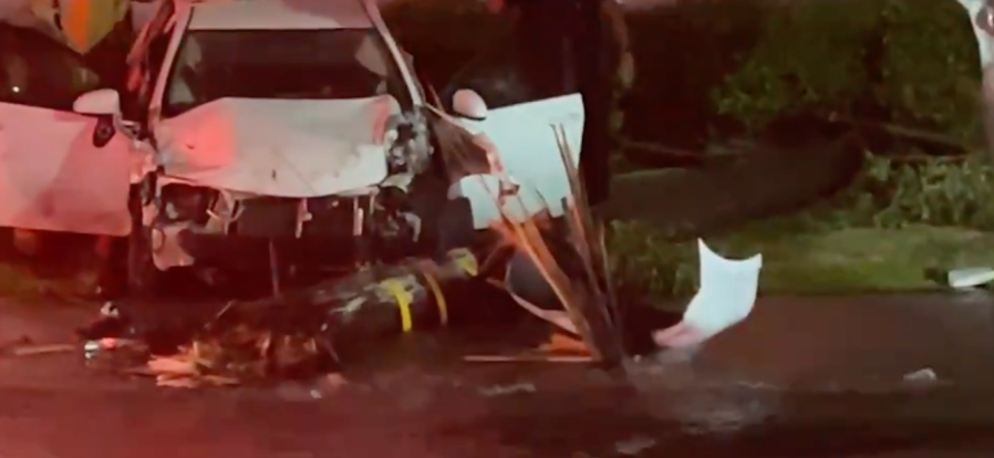 Emergency responders on the scene after a fatal traffic crash in Burbank. The male driving the white Scion was pronounced dead on the scene on May 19, 2024. (Citizen App)