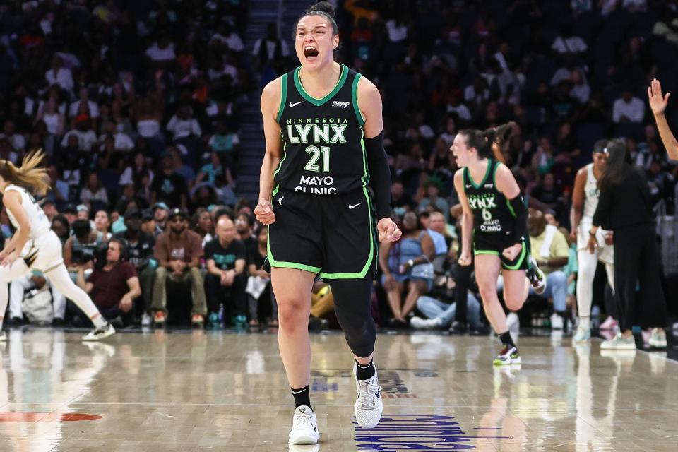 Jun 25, 2024; Belmont Park, New York, USA; Minnesota Lynx guard Kayla McBride (21) celebrates in the fourth quarter against the New York Liberty in the Commissioner’s Cup Championship game at UBS Arena. Mandatory Credit: Wendell Cruz-USA TODAY Sports ORG XMIT: IMAGN-885049 ORIG FILE ID: 20240625_djc_cc1_312.JPG