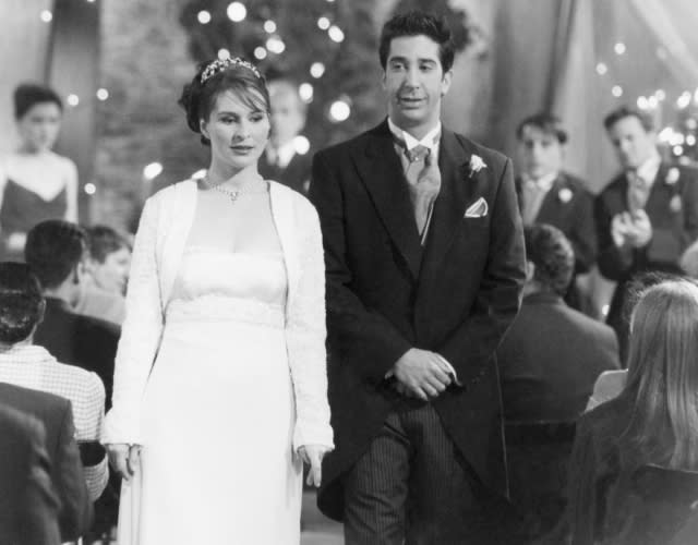 FRIENDS — “The One After Ross Says Rachel” Episode 1 — Air Date 09/24/1998 — Pictured: Helen Baxendale as Emily Waltham, David Schwimmer as Ross Geller. <em>Photo by Joseph Del Valle/NBCU Photo Bank/NBCUniversal via Getty Images.</em>