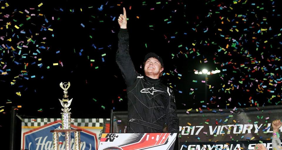 NEW SMYRNA BEACH, FL - FEBRUARY 19: Ronnie Bassett, Jr., driver of the #04 Bassett Gutters and More Chevrolet celebrates in Victory Lane after the NASCAR K&N Pro Series East Jet Tools 150 at New Smyrna Speedway on February 19, 2017 in New Smyrna Beach, Florida. (Photo by Sarah Crabill/Getty Images) *** Local Caption *** Ronnie Bassett; Jr.