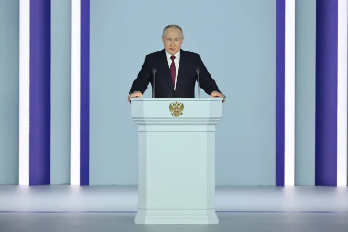 Russian President Vladimir Putin delivers his annual state of the nation address, in Moscow on Feb. 21, 2023.