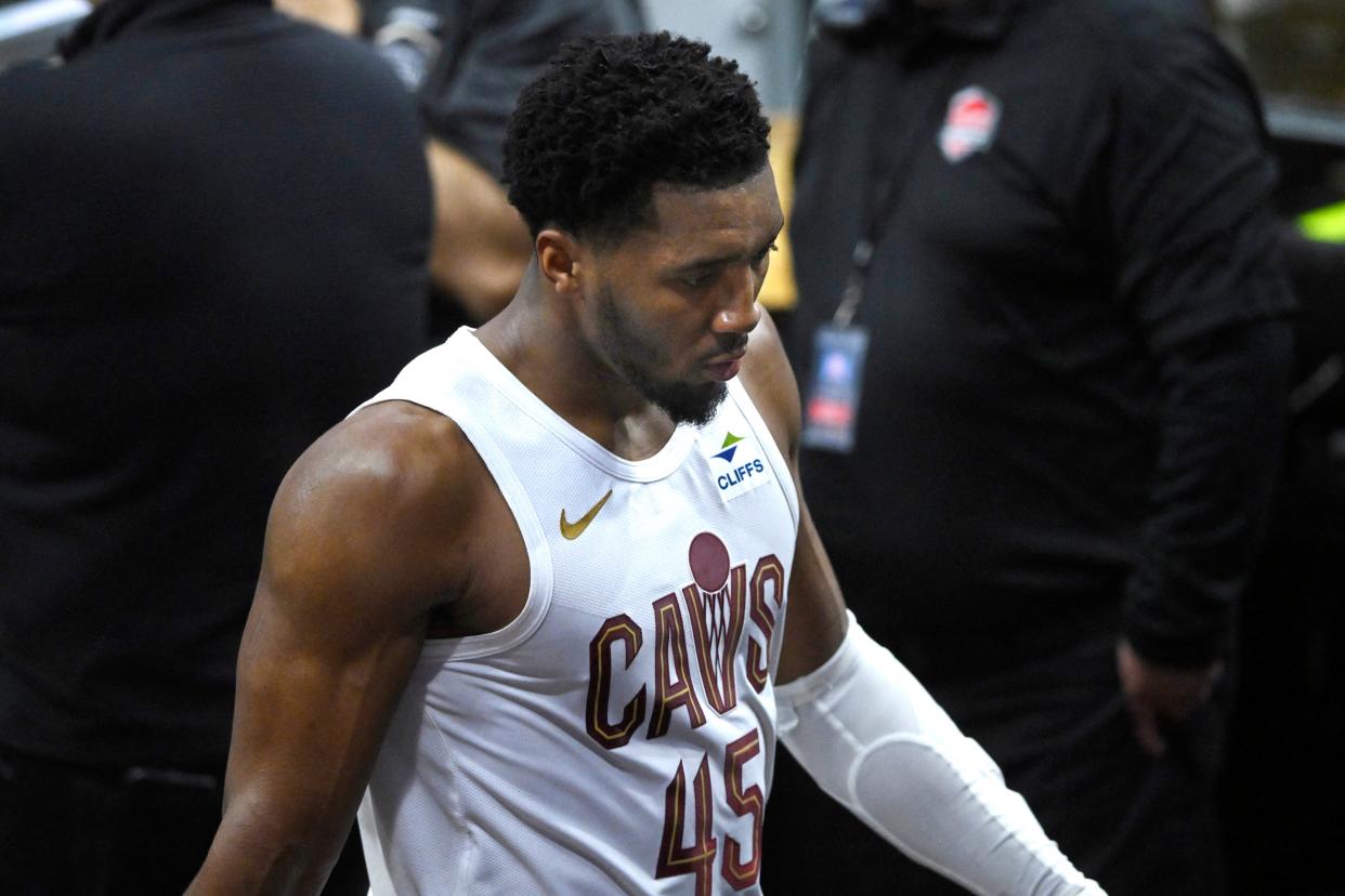Cavaliers guard Donovan Mitchell walks to the locker room late in the fourth quarter against the Celtics in Game 3 of the Eastern Conference semifinals, May 11, 2024, in Cleveland.