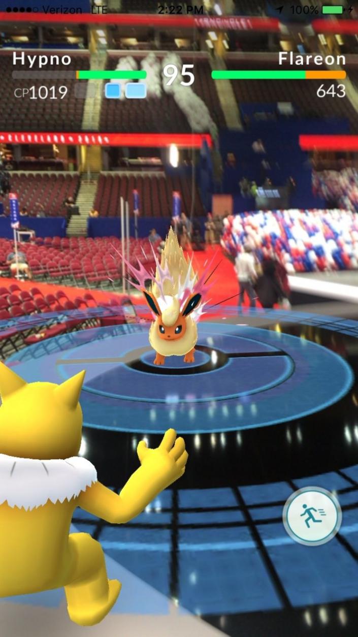 Battling a Flareon Pok&#xe9;mon onstage at the Republican National Convention in Cleveland. (Photo: Yahoo News)