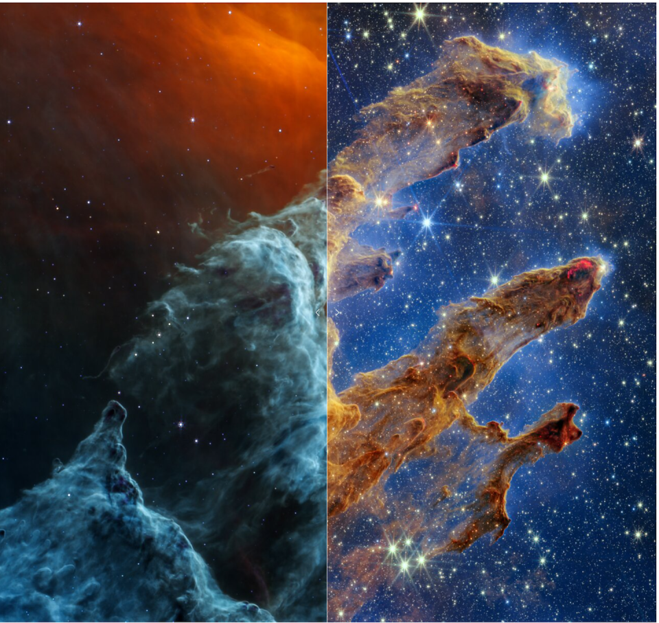 Los Pilares de la Creación en el infrarrojo medio e infrarrojo cercano, vistos por el instrumento MIRI y la cámara NIRCam, respectivamente. © NASA, ESA, CSA, STScI; J. DePasquale (STScI), A. Pagan (STScI), A. Koekemoer (STScI)