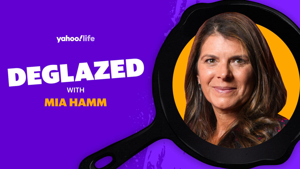 Mia Hamm, 50, says her go-to snack is chips and salsa. (Photo: Getty; designed by Quinn Lemmers)