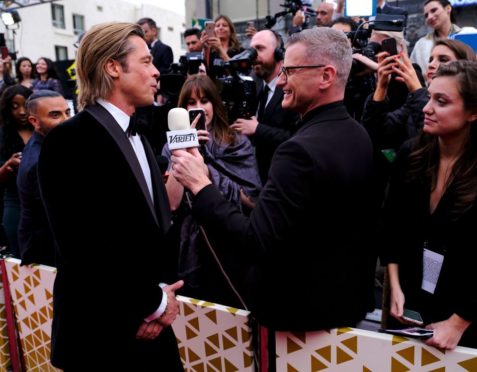 “Just for Variety” columnist Marc Malkin interviews Brad Pitt at the Oscars in 2020. - Credit: Michael Buckner/Shutterstock