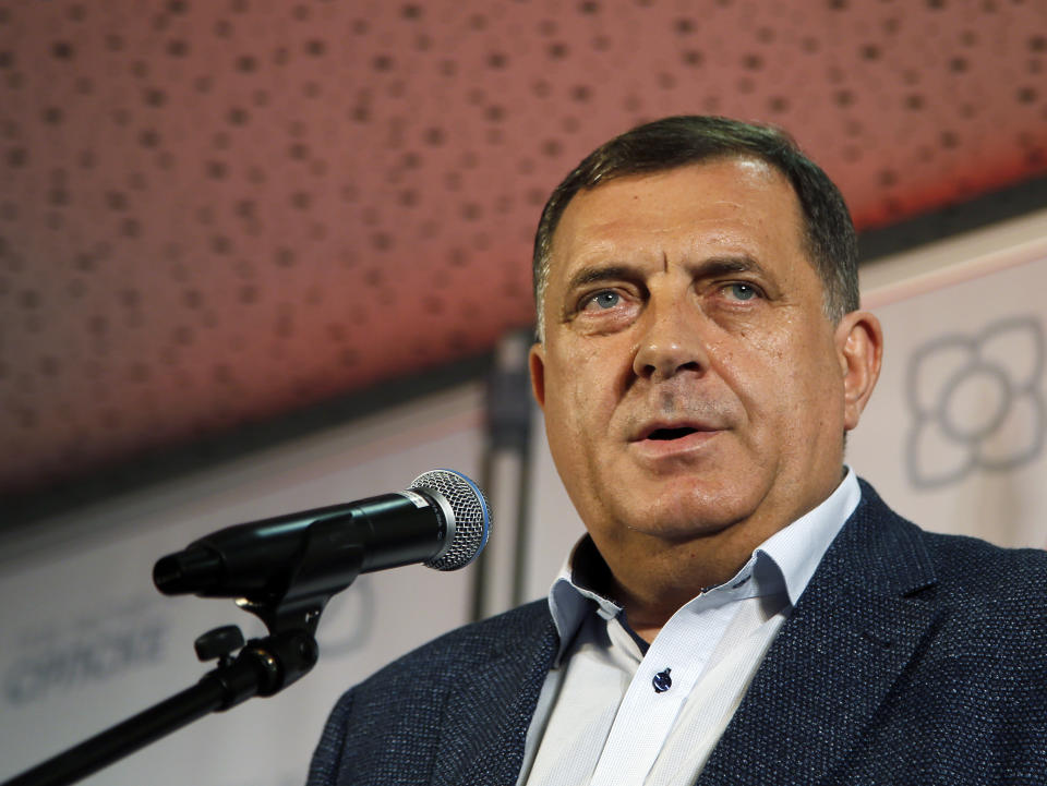 Milorad Dodik, president of the Republic of Srpska, speaks during a news conference after claiming victory in the Bosnian town of Banja Luka, 240 kilometers northwest of Sarajevo, Sunday, Oct. 7, 2018. Dodik has declared victory in the race to fill the Serb seat in Bosnia's three-member presidency. (AP Photo/Darko Vojinovic)