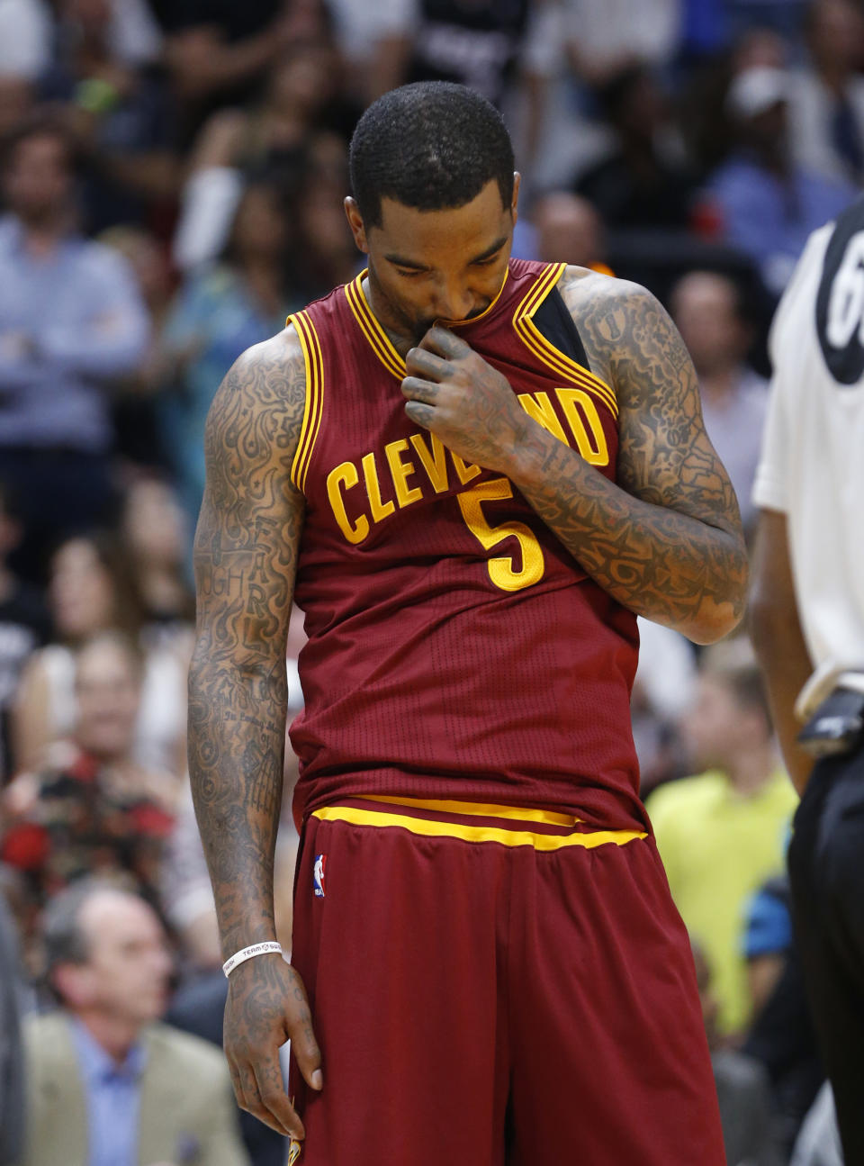File-This April 10, 2017, file photo shows Cleveland Cavaliers guard JR Smith pausing after a play during the second half of an NBA basketball game against the Miami Heat in Miami. The Cavaliers have fallen back on excuses — some legitimate — to explain this disjointed season. Well, those don't matter now. James and the defending champs enter the playoffs staring at a possibly dangerous path. (AP Photo/Wilfredo Lee, File)