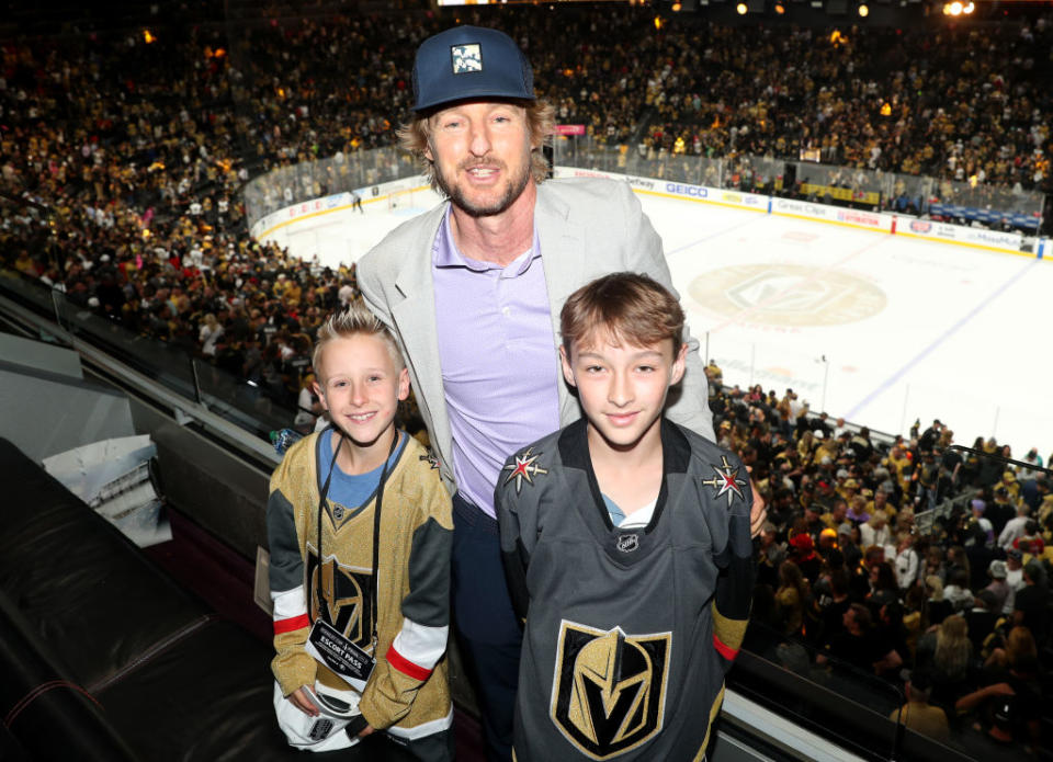 LAS VEGAS, NEVADA - JUNE 13: Actor Owen Wilson is seen with his sons, Ford and Finn, in attendance during Game Five of the 2023 NHL Stanley Cup Final between the Vegas Golden Knights and the Florida Panthers at T-Mobile Arena on June 13, 2023 in Las Vegas, Nevada. (Photo by Zak Krill/NHLI via Getty Images)