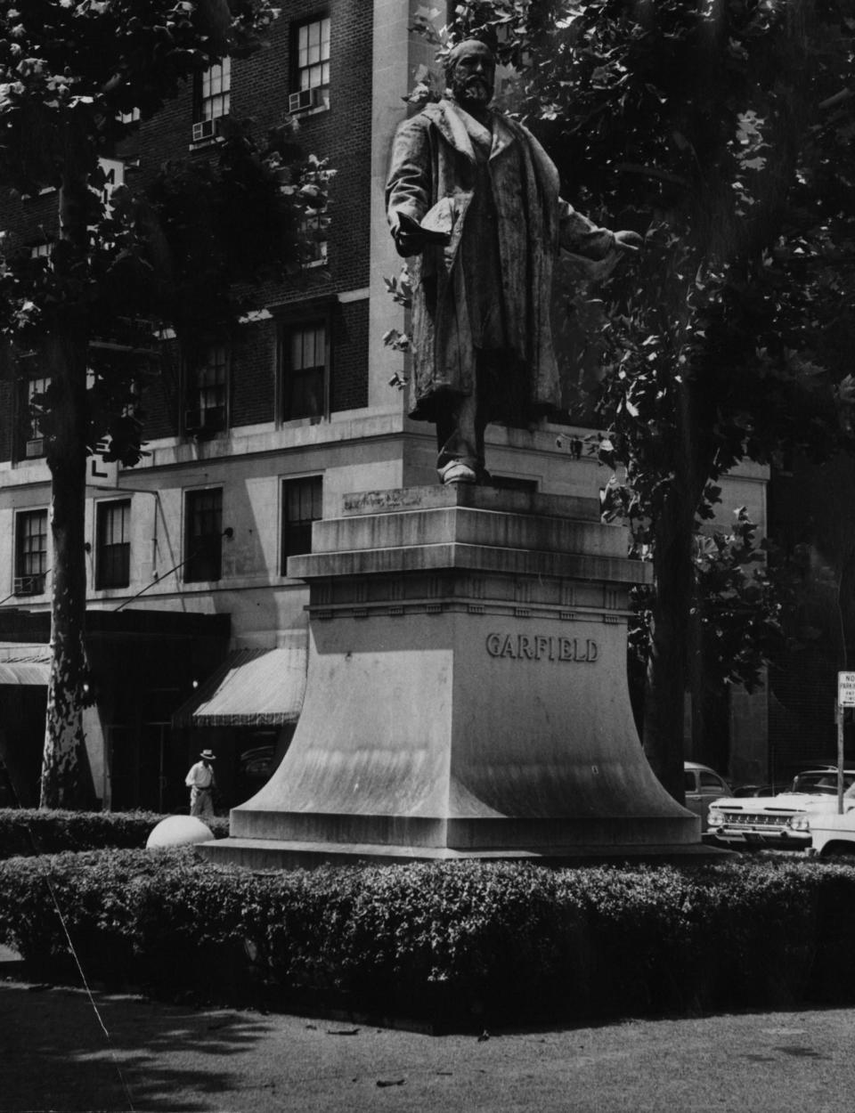 Cincinnati's statue of former President James A. Garfield, pictured in March 1969, had stood in the center of Garfield Place and Race Street from 1887 to 1915. Garfield, an Ohioan, was mortally wounded by a gunshot four months into his presidency in 1881.
