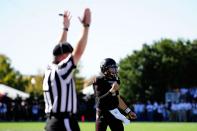 Johnny Manziel #2 of the Texas A&M Aggies reacts to a touchdown against the Mississippi State Bulldogs at Wade Davis Stadium on November 3, 2012 in Starkville, Mississippi. (Photo by Stacy Revere/Getty Images)