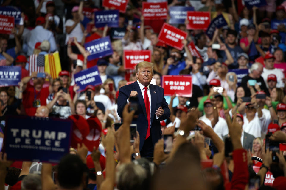 President Donald Trump pumps his fist after speaking during his re-election kickoff rally at the Amway Center, Tuesday, June 18, 2019, in Orlando, Fla. (AP Photo/Evan Vucci)