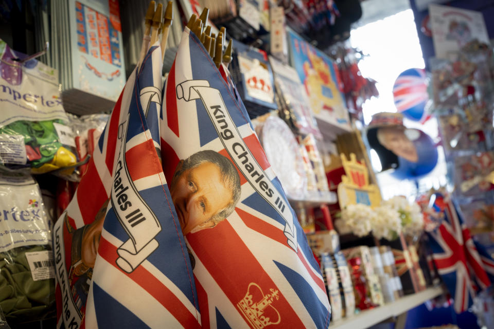 Assorted royal merchandise is on sale in a party and balloon shop in Kensington, west London. 