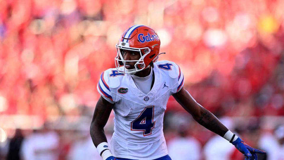 Florida Gators wide receiver Caleb Douglas (4) motions to the referee during an NCAA football game on Thursday, August 31, 2023 in Salt Lake City, Utah.