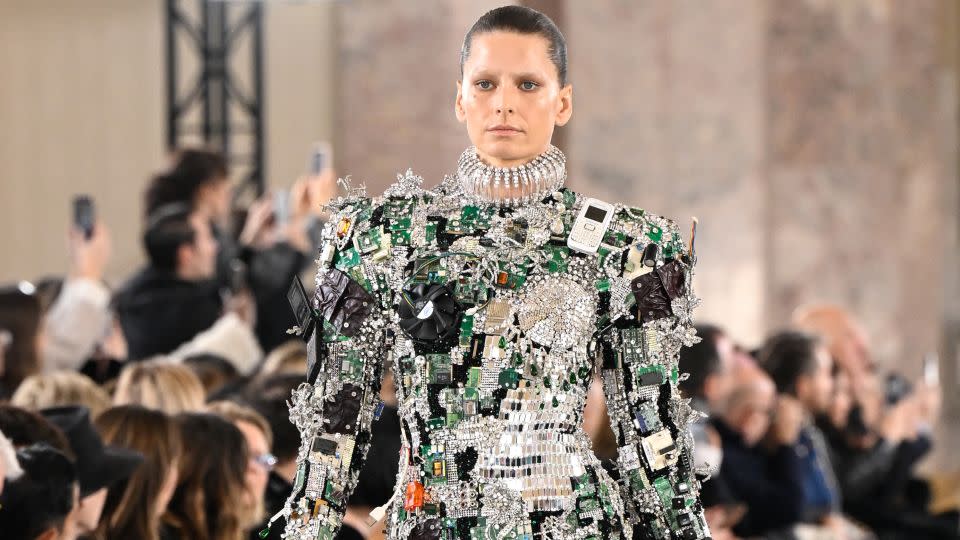 A dress made from pre-2007 technical artefacts at Schiaparelli 's couture show held at the Petit Palais in Paris. - Giovanni Giannoni/WWD/Getty Images