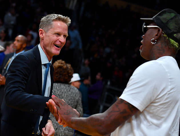 Steve Kerr and former teammate Dennis Rodman. (Getty Images)