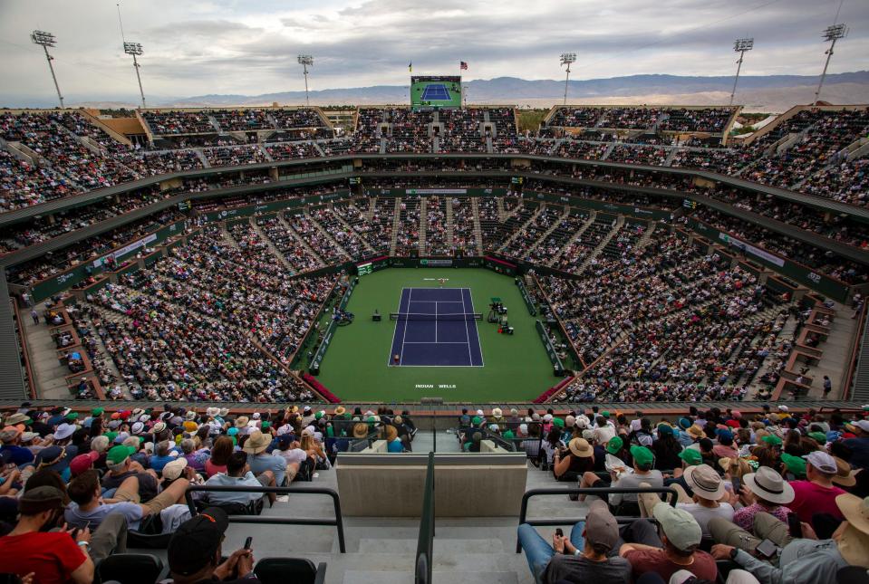 Stadium one is seen from the top deck as Elena Rybakina of Kazakhstan plays Aryna Sabalenka of Belarus during the women's singles final of the BNP Paribas Open at the Indian Wells Tennis Garden in Indian Wells, Calif., Sunday, March 19, 2023. 