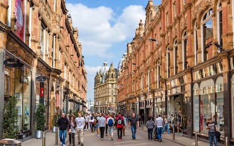 Shops on historic King Edward Street in the Victoria Quarter, Leeds, West Yorkshire - Credit: Ian Dagnall / Alamy Stock Photo