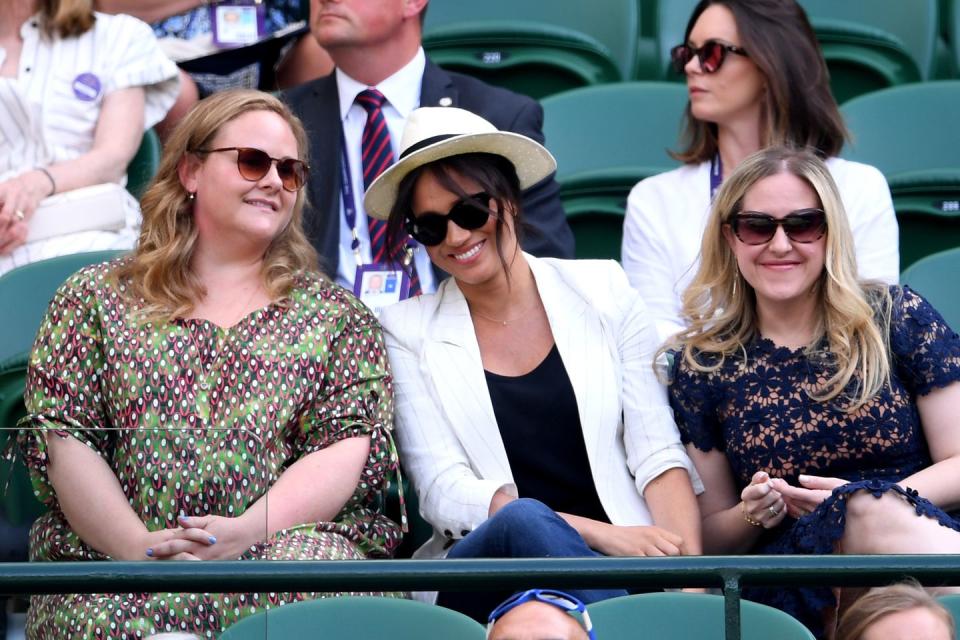 who are meghan markle's best friends lindsay roth and genevieve hillis, pictured here with her at wimbledon 2019