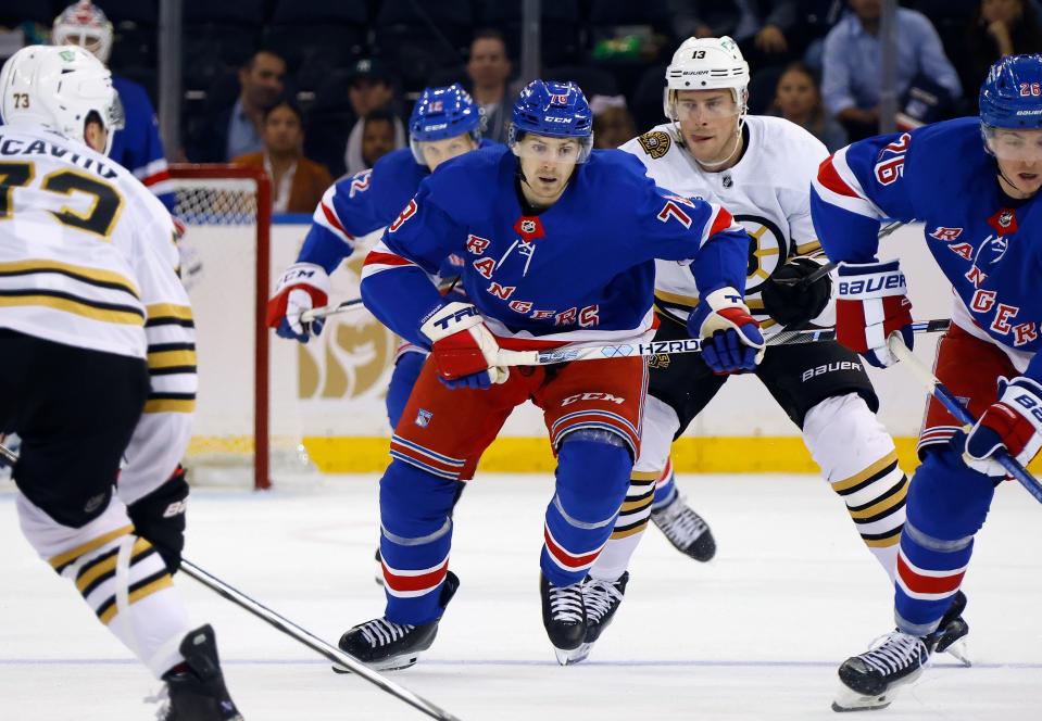 NEW YORK, NEW YORK - OCTOBER 05: Brennan Othmann #78 of the New York Rangers skates against the Boston Bruins at Madison Square Garden on October 05, 2023 in New York City.