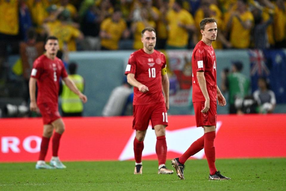 Denmark look dejected after conceding against Australia (Getty)