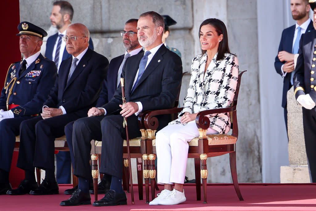 madrid, spain may 08 king felipe vi of spain and queen letizia of spain attend the commemoration of the bicentennial of the national police at the royal palace on may 08, 2024 in madrid, spain photo by paolo bloccogetty images