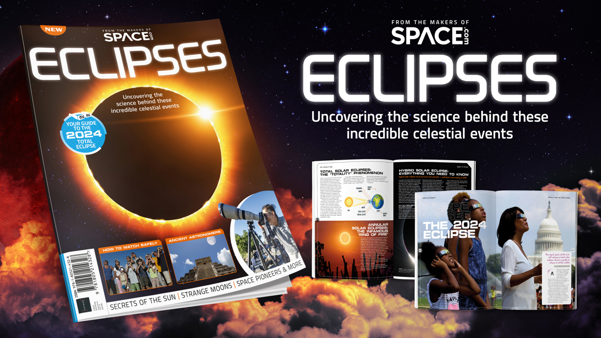  A dark background with a base of orange-hued clouds. in front, the image of a magazine showing an eclipse on the cover, on the right, smaller open magazines show people in sunglasses. the words 'SPACE COM ECLIPSES' are large. 