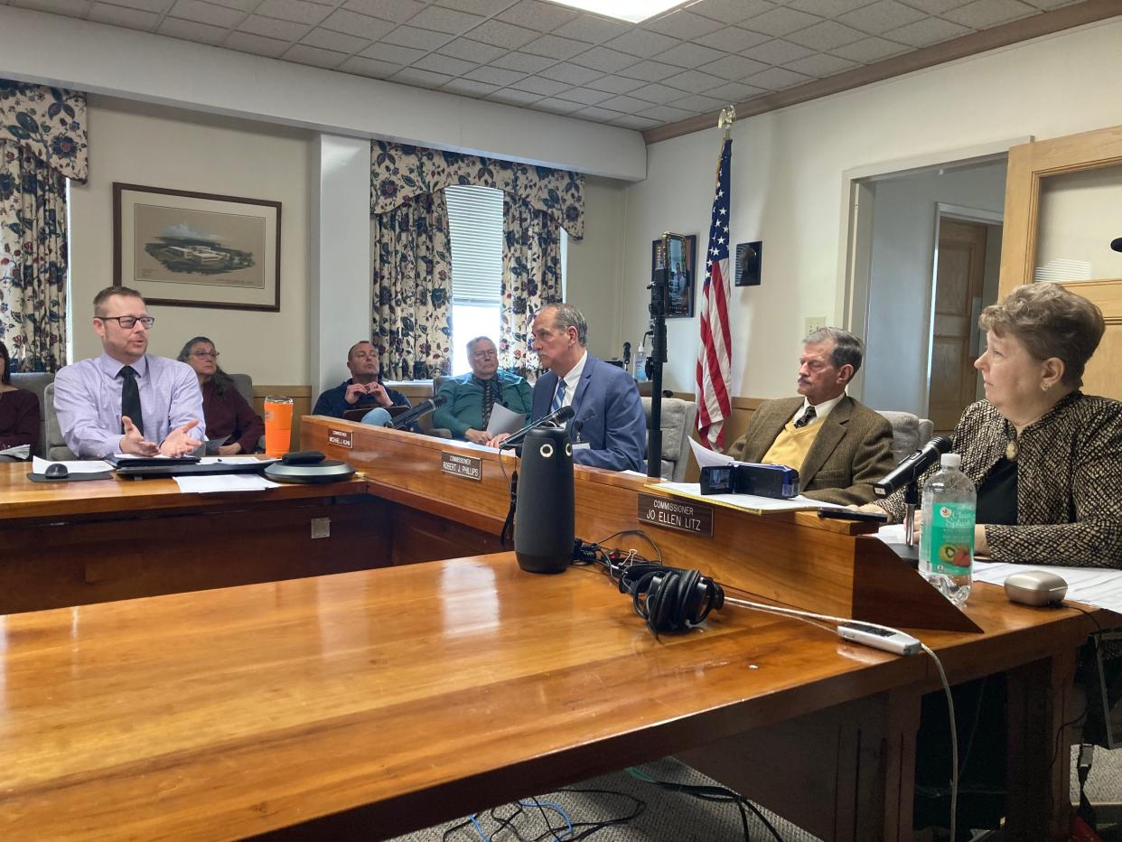 Lebanon County Elections Director Sean Drasher talks about a new $2,725 shed mail-in ballot drop off site with the county commissioners Thursday.
