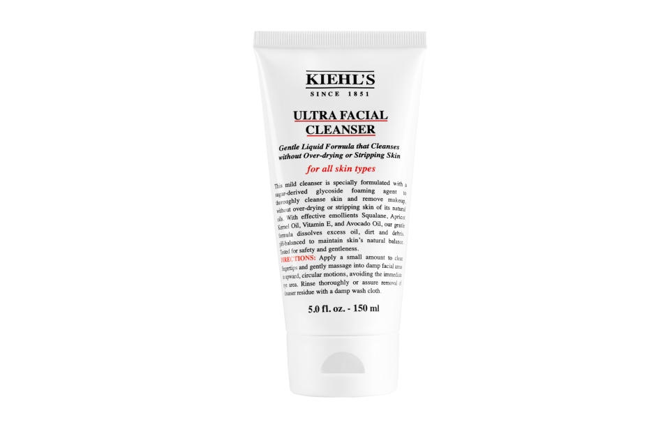 <p>Cleanse with Kiehl’s Ultra Facial Cleanser. <a rel="nofollow noopener" href="https://www.kiehls.co.uk/skin-care/category/cleansers-scrubs/ultra-facial-cleanser/714.html#start=8&cgid=face-cleansers-scrubs" target="_blank" data-ylk="slk:Kiehl’s, £9;elm:context_link;itc:0;sec:content-canvas" class="link "><i>Kiehl’s, £9</i></a><br><br></p>