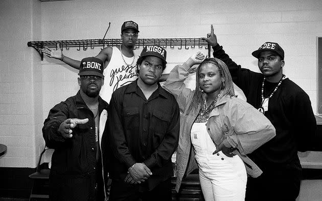 Rappers Ice Cube, T-Bone, Yo-Yo and J-Dee, and deejay Sir Jinx (rear), are seen backstage at the Arena in St. Louis, in August 1990.