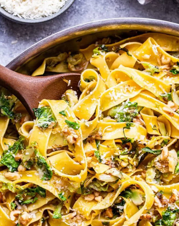 Pasta with Brussels sprouts and nuts.