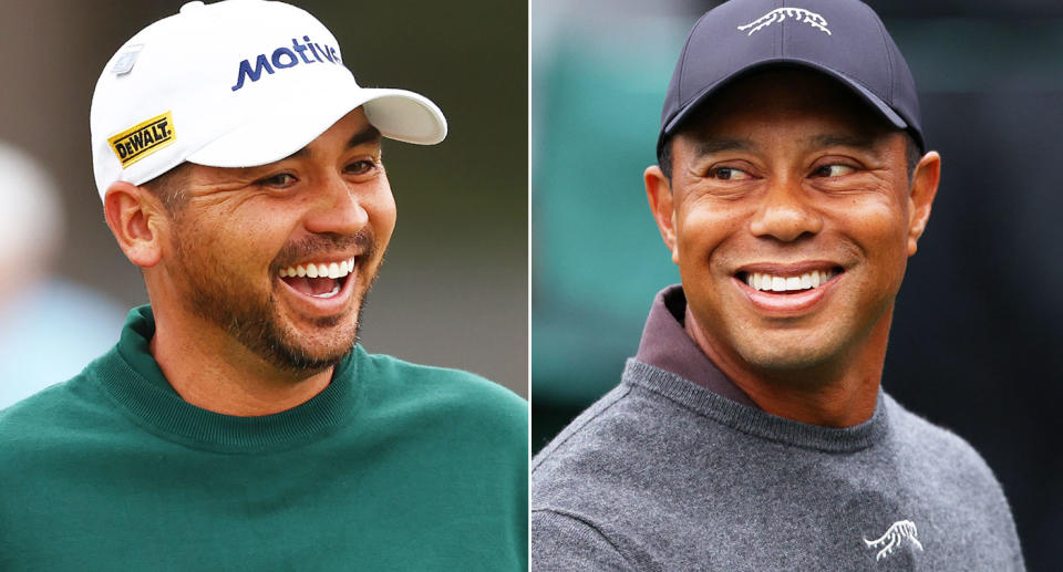 Pictured left to right, golf stars Jason Day and Tiger Woods at the US Masters.