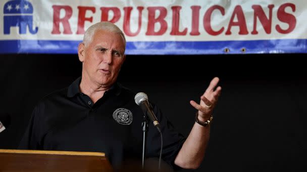 PHOTO: Former Vice President Mike Pence speaks at the Bremer County Republicans' Grill and Chill lunch on Aug. 20, 2022 in Waverly, Iowa. (Scott Olson/Getty Images)