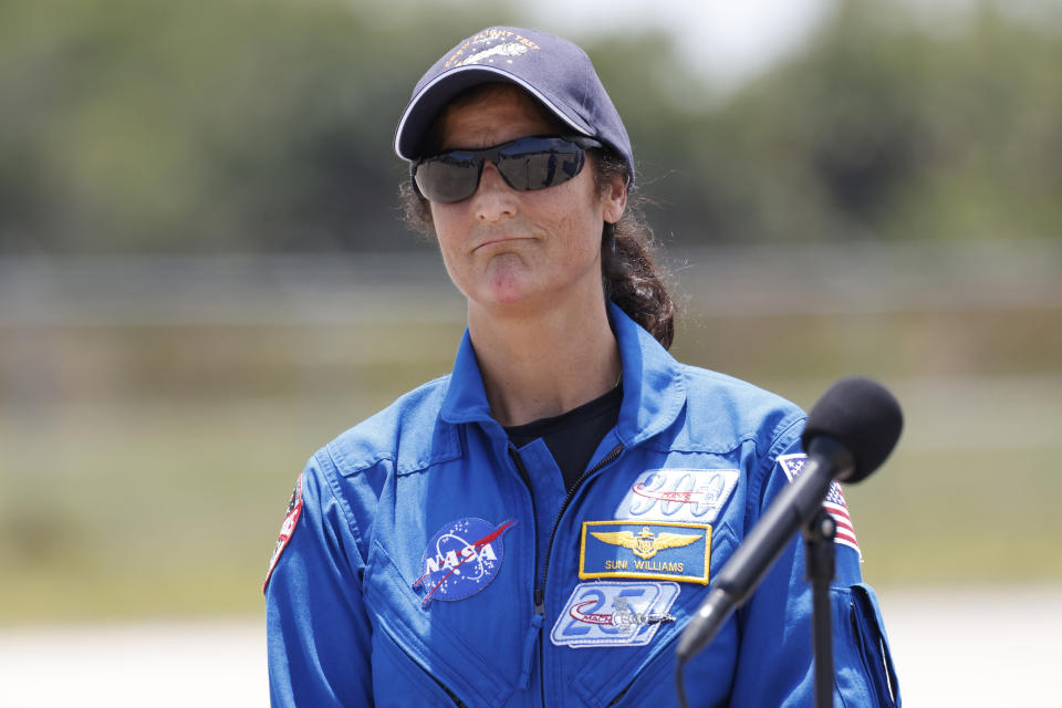 NASA astronaut Suni Williams speaks to the media after arriving at the Kennedy Space Center, Thursday, April 25, 2024, in Cape Canaveral, Fla. The crew of two test pilots will launch aboard Boeing's Starliner capsule atop an Atlas rocket to the International Space Station, scheduled for liftoff on May 6, 2024. (AP Photo/Terry Renna)