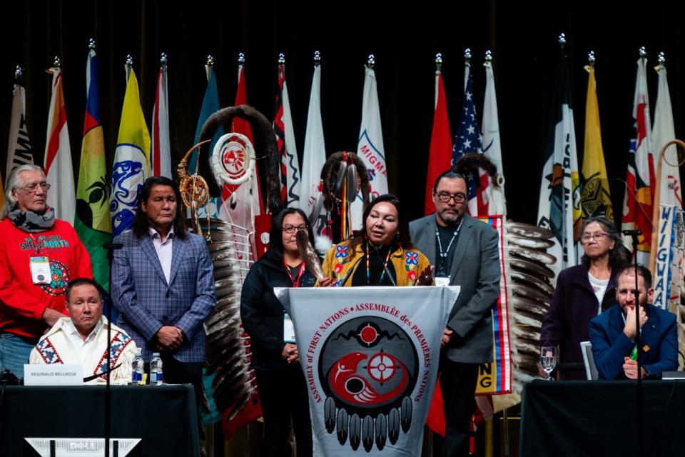 Candidate Sheila North, centre, speaks during the All Candidates Forum on the first day of the annual Assembly of First Nations Special Chiefs Assembly (SCA) in Ottawa, on Tuesday, Dec. 5, 2023.