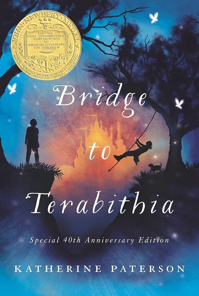 Cover of "Bridge to Terabithia" book, 40th Anniversary Edition, with silhouette of a child swinging from a tree