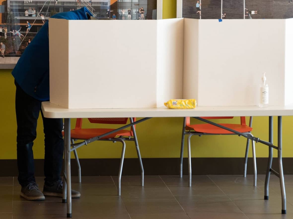 An advanced voting booth is pictured ahead of Ottawa's municipal elections. Several Ontario regions saw higher voter turnouts at advanced polls than in previous years. (Jean Delisle/CBC - image credit)