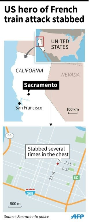 Map locating Sacramento, California where Airman Spencer Stone was stabbed