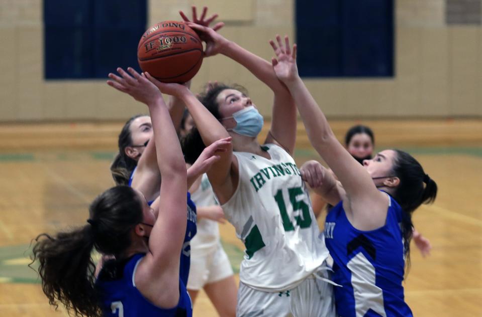 Irvington's Katie Lebuhn (15) goes up for a shot against  Dobbs Ferry during girls basketball action at Irvington High School Feb. 8, 2022. Irvington won the game.