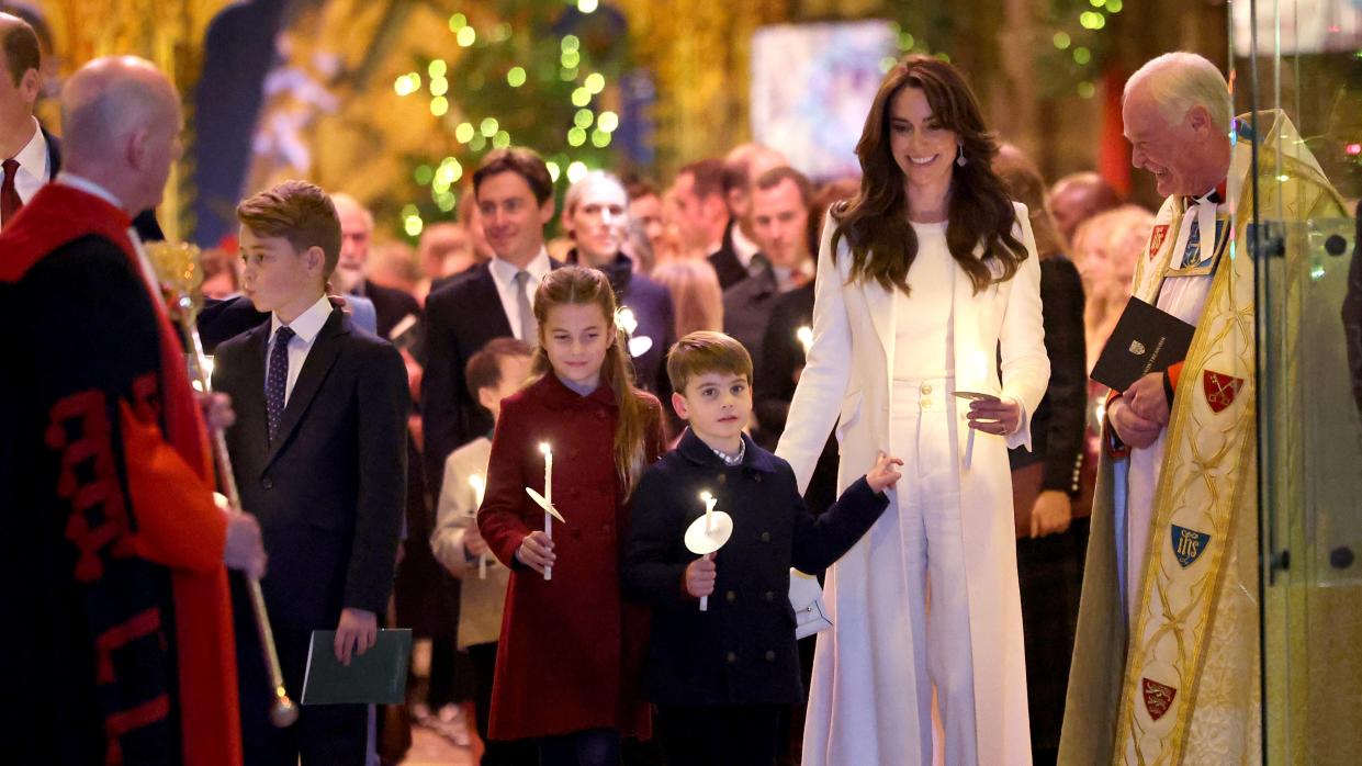  Catherine, Princess of Wales, Prince Louis of Wales, Princess Charlotte of Wales and Prince George of Wales process out of The 