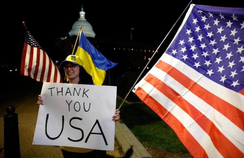 Supporters of Ukraine rally outside the US Capitol after the Senate passed a foreign aid bill to help Kyiv defend against the Russian invasion (Getty Images)