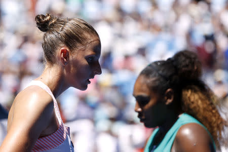 Tennis - Australian Open - Quarter-final - Melbourne Park, Melbourne, Australia, January 23, 2019. Czech Republic's Karolina Pliskova stands next to Serena Williams of the U.S. during match REUTERS/Aly Song